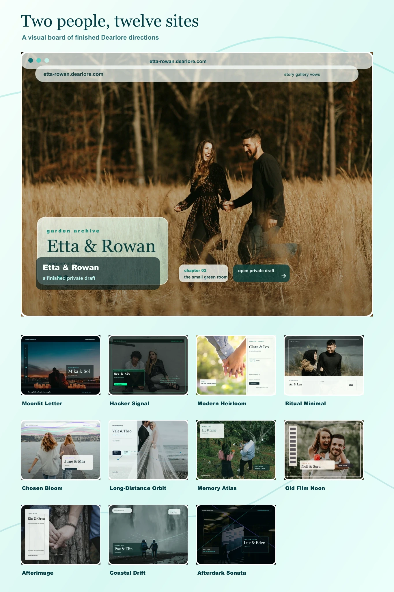 Generated Dearlore art direction board with twelve finished couple website examples